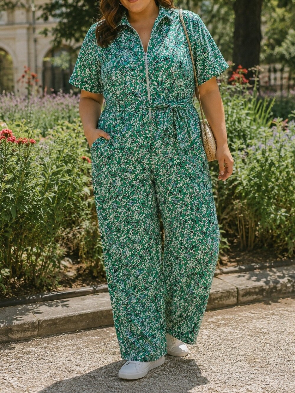Zara Green Floral Short-Sleeve Jumpsuit